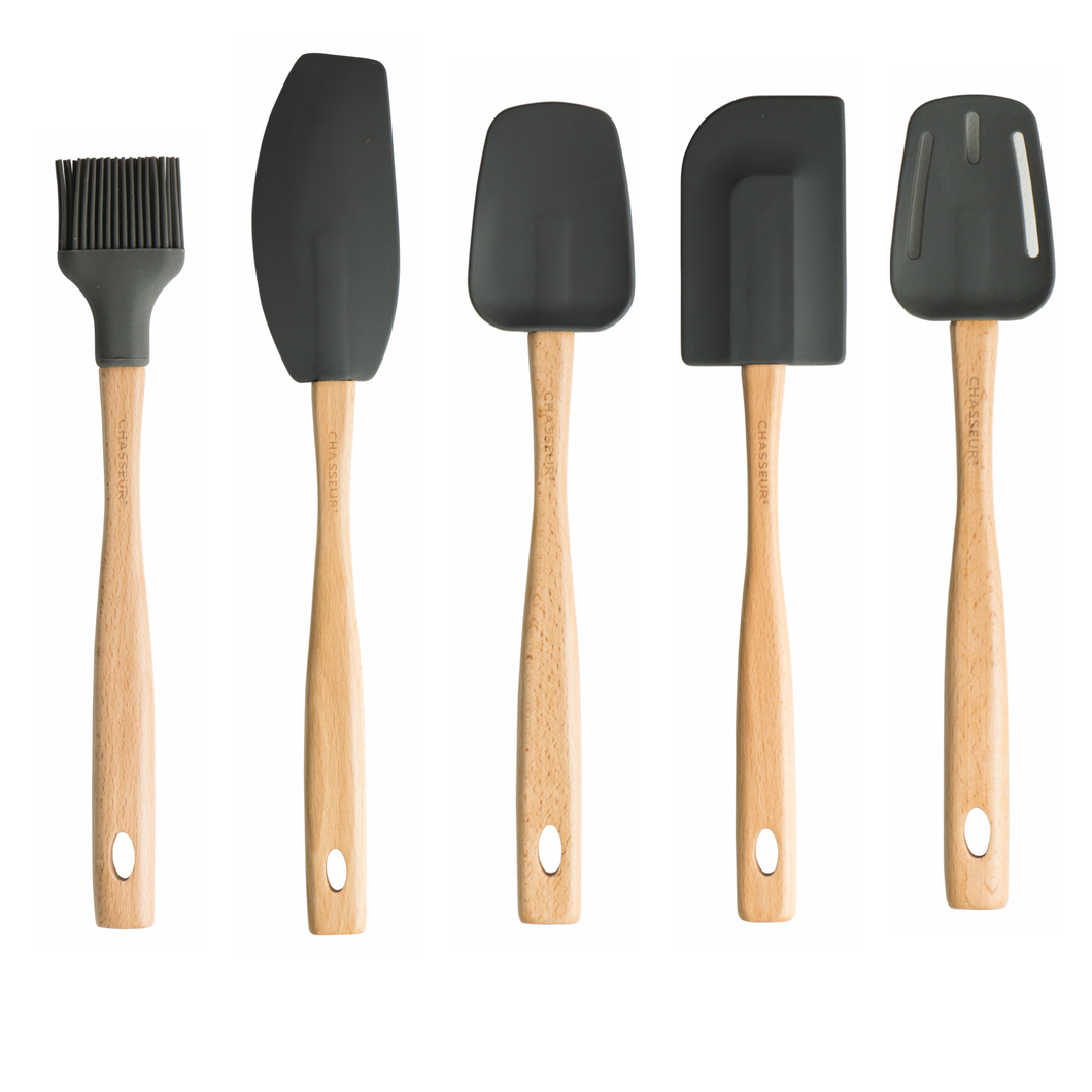 Chasseur Caviar Black Silicone Utensil Set with Wooden Handle