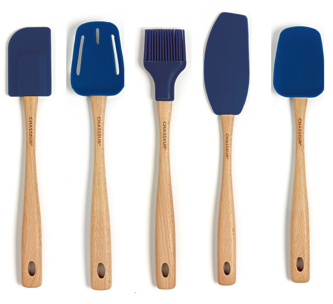 Chasseur Blue Silicone Utensil Set with Wooden Handle