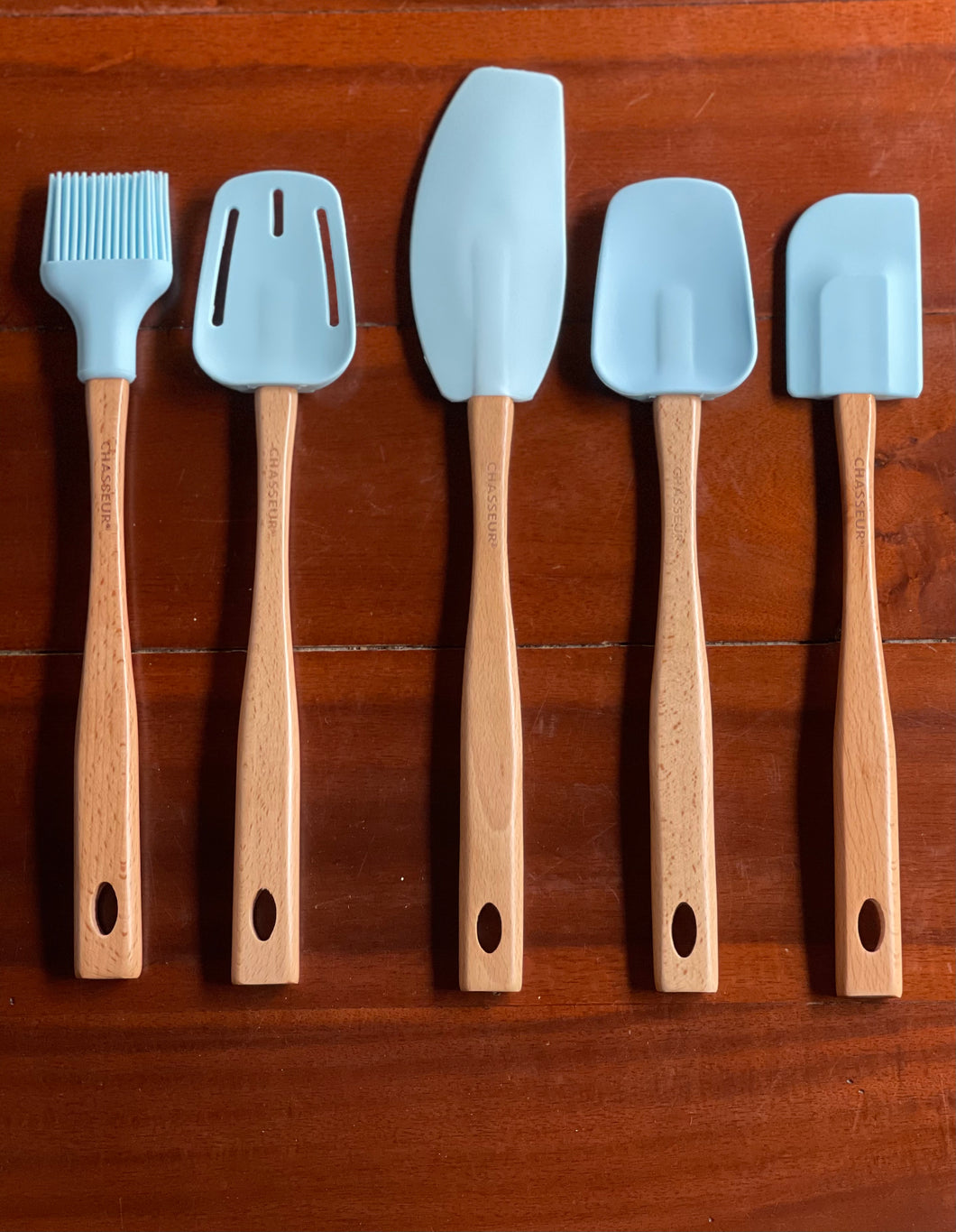 Chasseur Duck Egg Blue Silicone Utensil Set with Wooden Handle